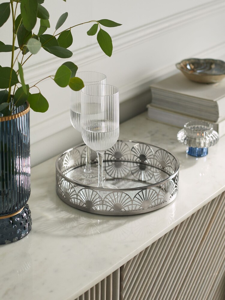 Silver Decorative Metal Mirror Tray - Image 1 of 3 Silver Decorative Metal Mirror Tray - Image 1 of 3