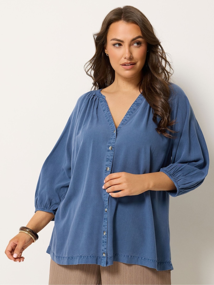 Yours Curve Blue Chambray 3/4 Sleeve Blouse - Image 1 of 5 Yours Curve Blue Chambray 3/4 Sleeve Blouse - Image 1 of 5