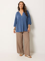 Yours Curve Blue Chambray 3/4 Sleeve Blouse - Image 2 of 5