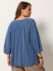 Yours Curve Blue Chambray 3/4 Sleeve Blouse - Image 3 of 5