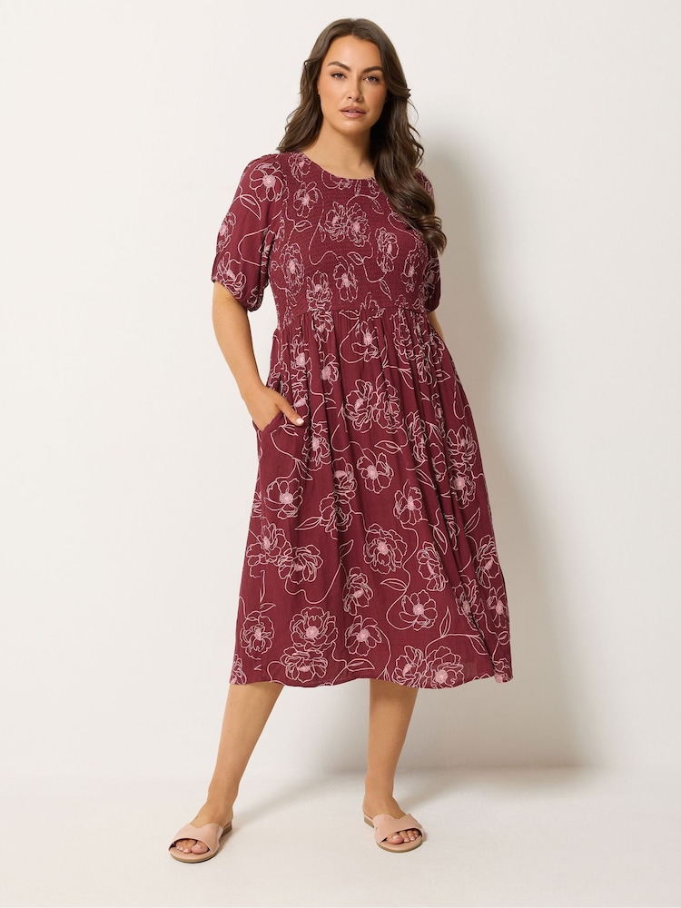 Yours Curve Red Floral Swirl Puff Sleeve Shirred Dress - Image 1 of 5