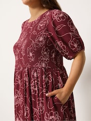 Yours Curve Red Floral Swirl Puff Sleeve Shirred Dress - Image 4 of 5