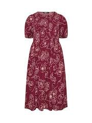 Yours Curve Red Floral Swirl Puff Sleeve Shirred Dress - Image 5 of 5
