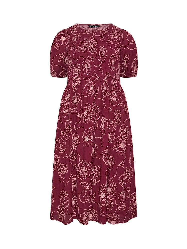 Yours Curve Red Floral Swirl Puff Sleeve Shirred Dress - Image 5 of 5
