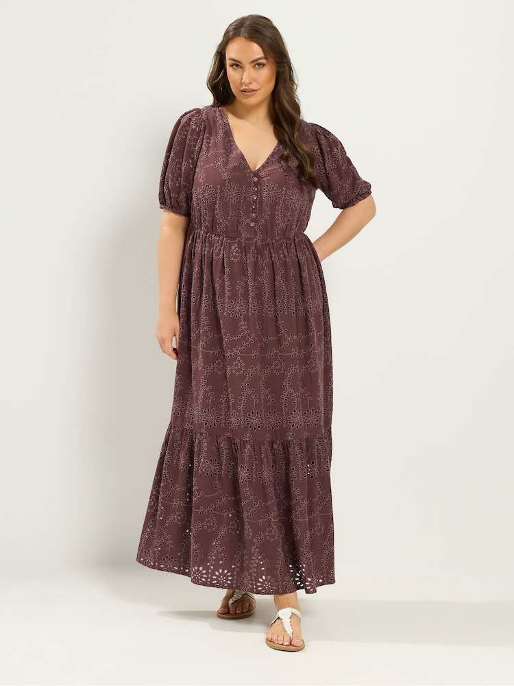 Yours Curve Brown Broderie Tea Dress - Image 2 of 5