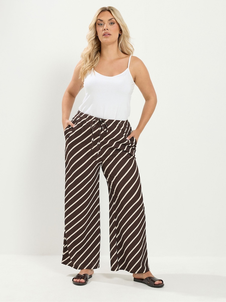 Yours Curve Brown Horizontal Stripe Wide Leg Trousers - Image 2 of 5 Yours Curve Brown Horizontal Stripe Wide Leg Trousers - Image 2 of 5