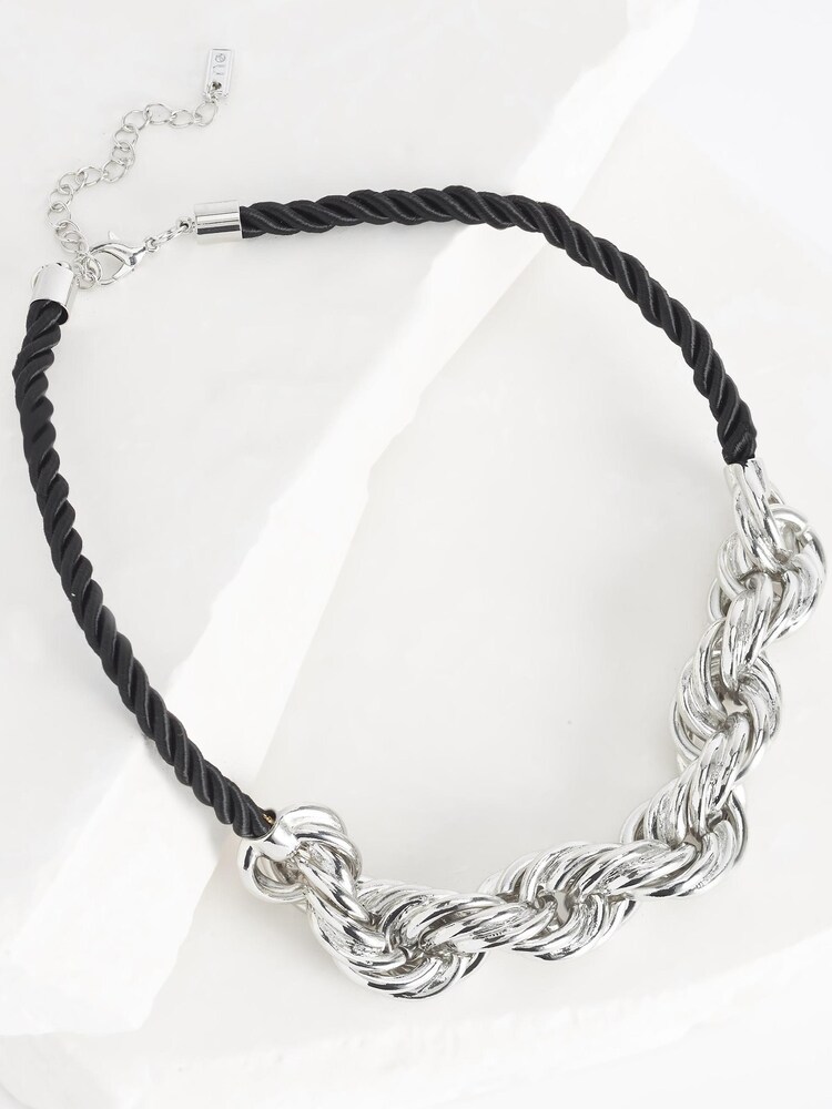 Silver Tone Twisted Chain Necklace with Black Cord Necklace - Image 2 of 3 Silver Tone Twisted Chain Necklace with Black Cord Necklace - Image 2 of 3