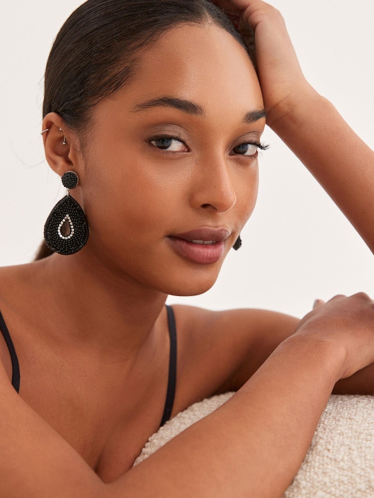 Black Tear Drop Beaded Earrings - Image 1 of 4 Black Tear Drop Beaded Earrings - Image 1 of 4