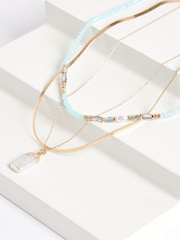 Gold Tone Snake Chain And Blue Beaded Layered Necklace - Image 3 of 4