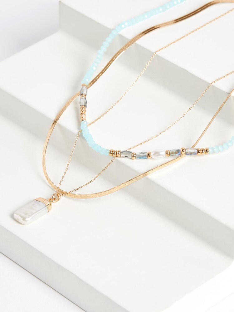 Gold Tone Snake Chain And Blue Beaded Layered Necklace - Image 3 of 4