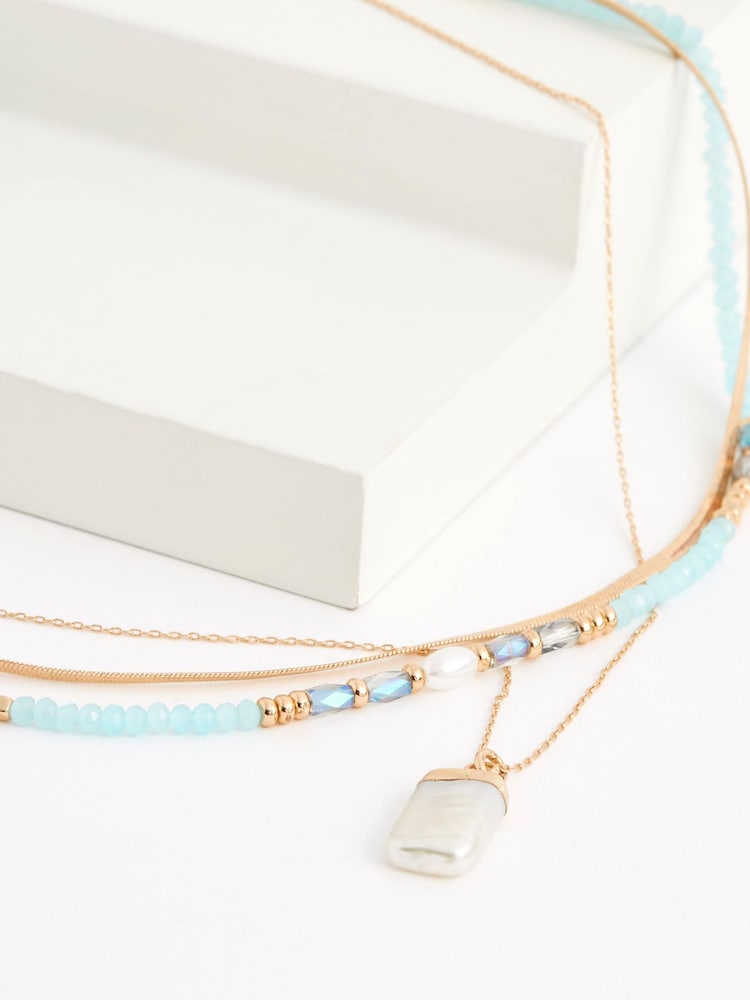 Gold Tone Snake Chain And Blue Beaded Layered Necklace - Image 4 of 4