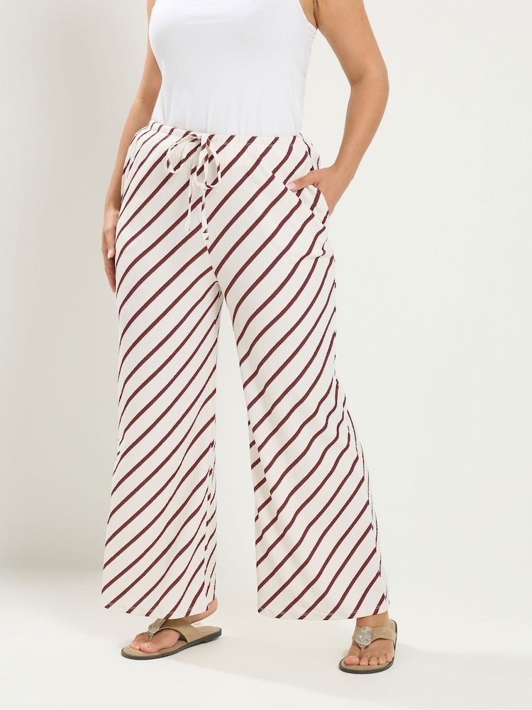 Yours Curve Natural Horizontal Stripe Wide Leg Trousers - Image 1 of 6 Yours Curve Natural Horizontal Stripe Wide Leg Trousers - Image 1 of 6