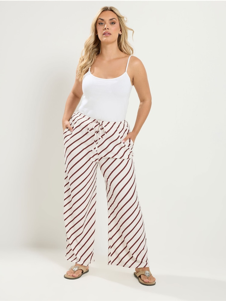 Yours Curve Natural Horizontal Stripe Wide Leg Trousers - Image 2 of 6 Yours Curve Natural Horizontal Stripe Wide Leg Trousers - Image 2 of 6