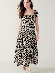 Black/Ecru Cream Printed Puff Sleeve Square Neck Midi Dress - Image 1 of 5