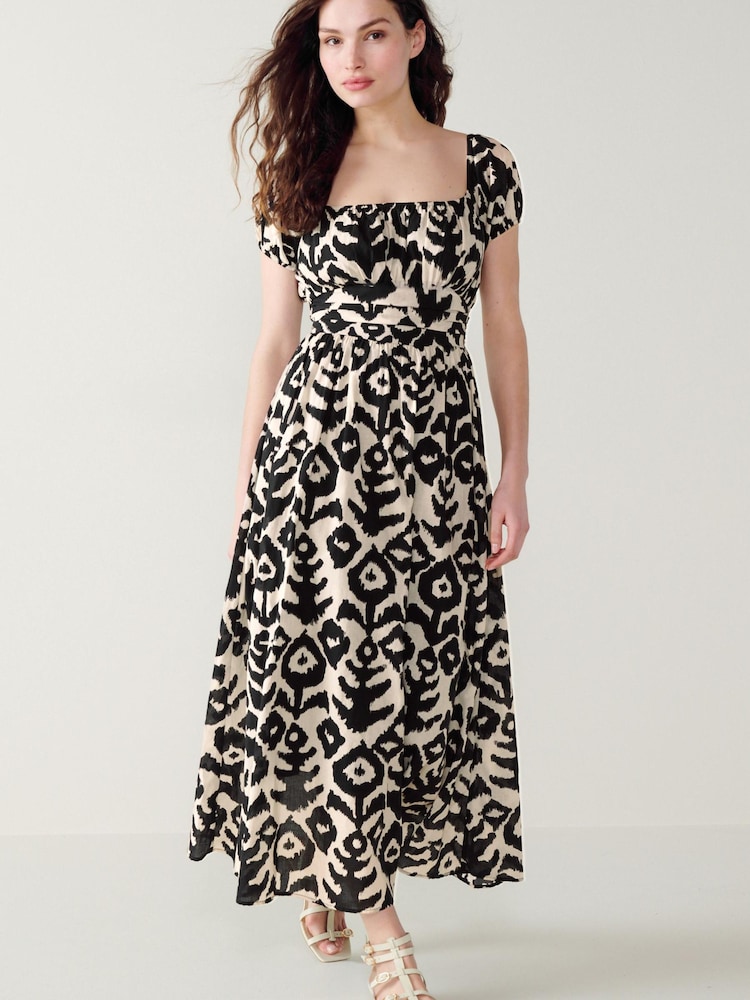 Black/Ecru Cream Printed Puff Sleeve Square Neck Midi Dress - Image 1 of 5