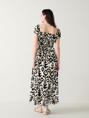 Black/Ecru Cream Printed Puff Sleeve Square Neck Midi Dress - Image 2 of 5