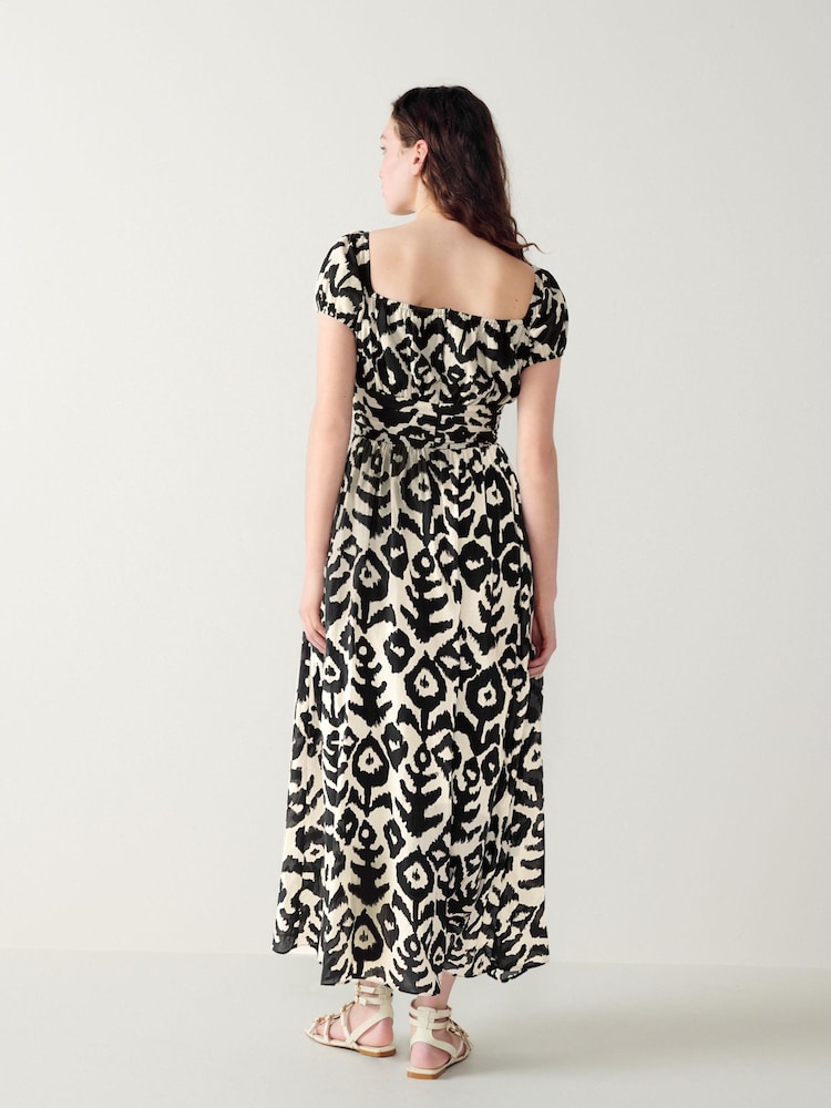 Black/Ecru Cream Printed Puff Sleeve Square Neck Midi Dress - Image 2 of 5