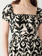 Black/Ecru Cream Printed Puff Sleeve Square Neck Midi Dress - Image 3 of 5