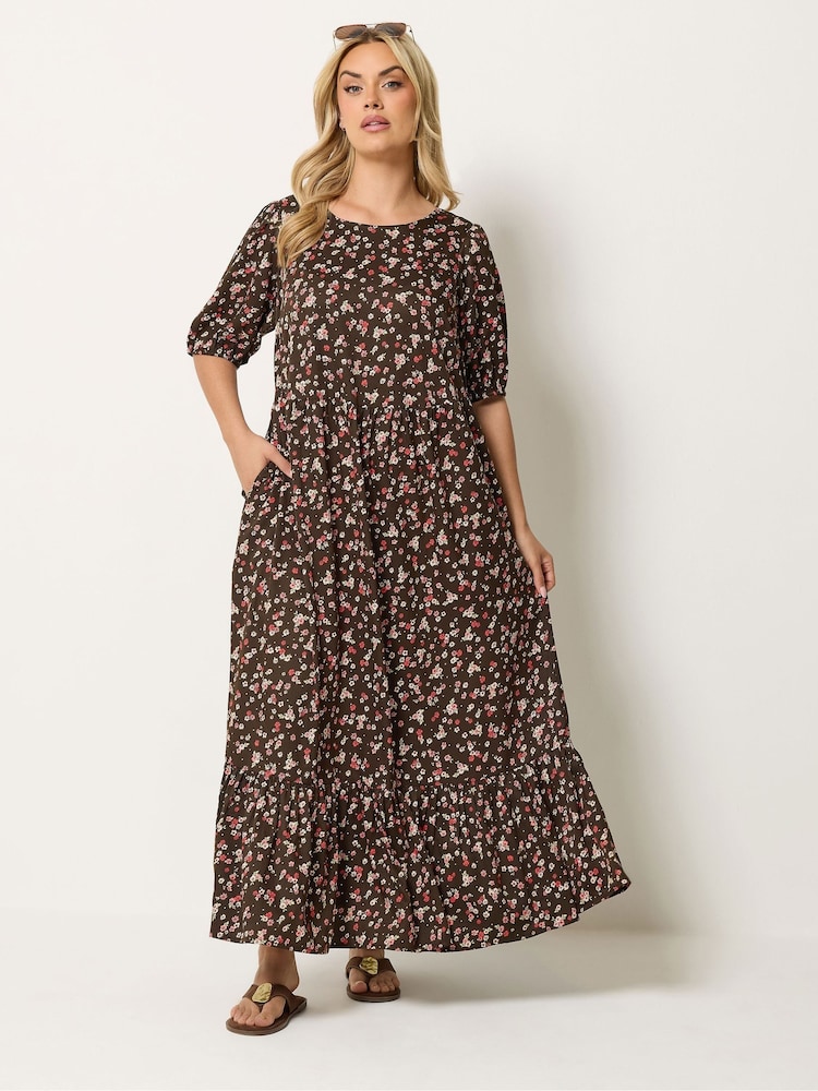 Yours Curve Brown Tiered Smock Maxi Dress - Image 1 of 5