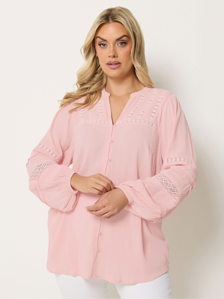 Yours Curve Pink Crochet Notch Neck Top - Image 1 of 5 Yours Curve Pink Crochet Notch Neck Top - Image 1 of 5