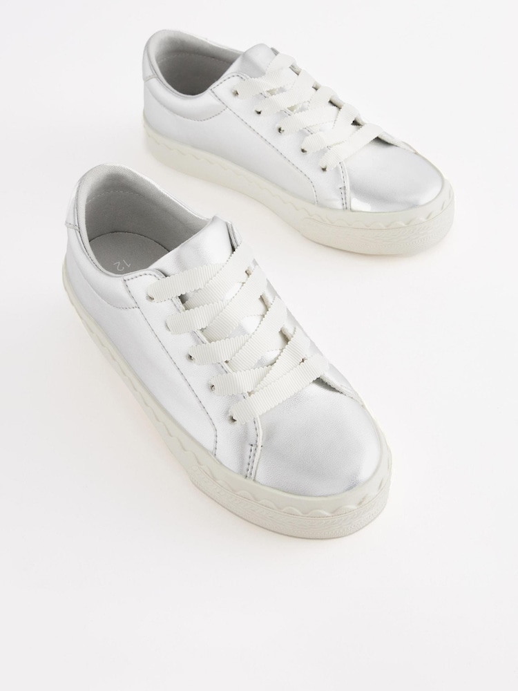 Silver Scallop Detail Lace-Up Trainers - Image 1 of 5