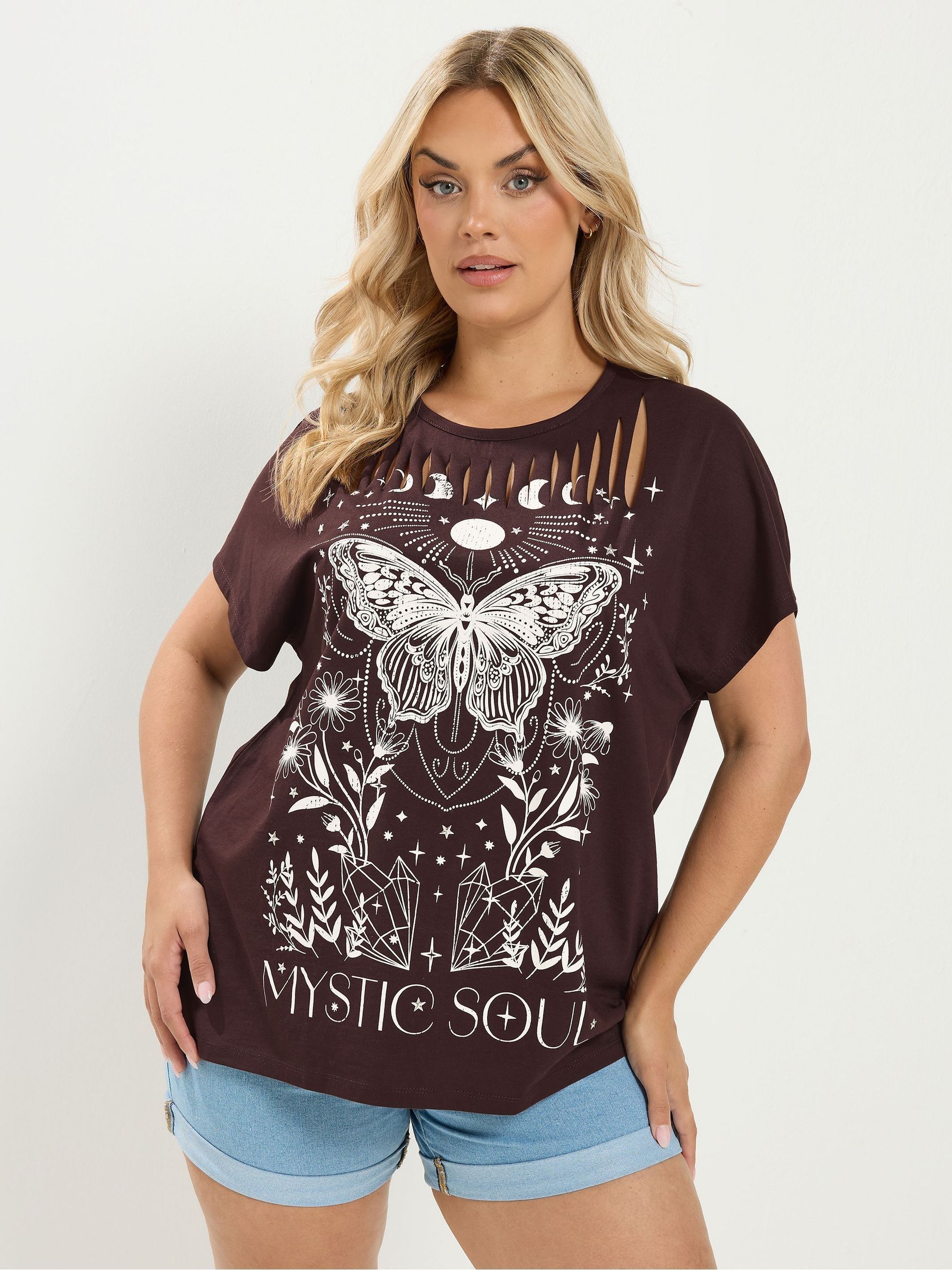 Yours Curve Women's Brown Placement Laser Cut T-Shirt