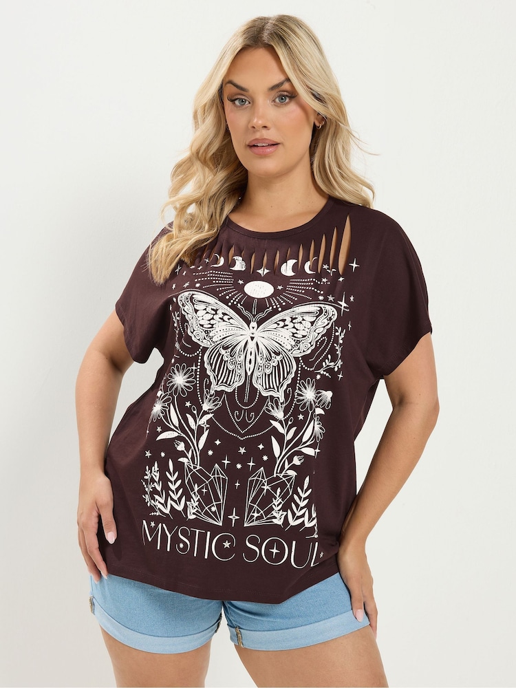 Yours Curve Brown Placement Laser Cut T-Shirt - Image 1 of 6