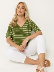 Yours Curve Green V-Neck Stripe T-Shirt - Image 1 of 5