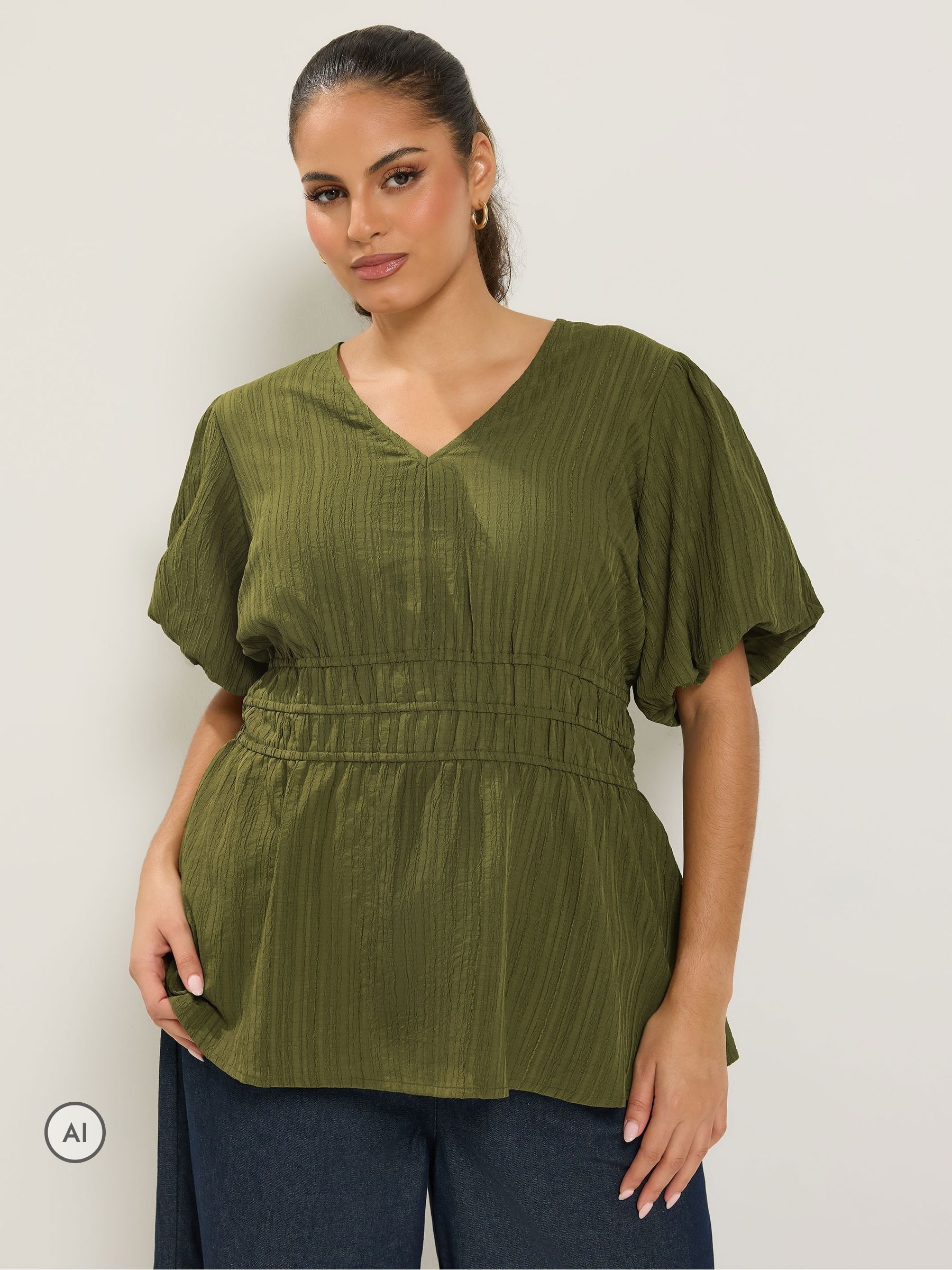 Yours Women's Olive Puff Sleeve Blouse In Size 26-28 - Image 3