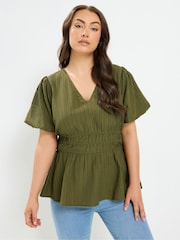 Yours Curve Green Puff Sleeve Shirred Blouse - Image 1 of 6