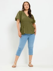 Yours Curve Green Puff Sleeve Shirred Blouse - Image 2 of 6