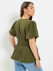 Yours Curve Green Puff Sleeve Shirred Blouse - Image 3 of 6