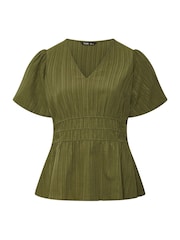 Yours Curve Green Puff Sleeve Shirred Blouse - Image 5 of 6