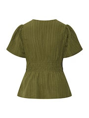 Yours Curve Green Puff Sleeve Shirred Blouse - Image 6 of 6