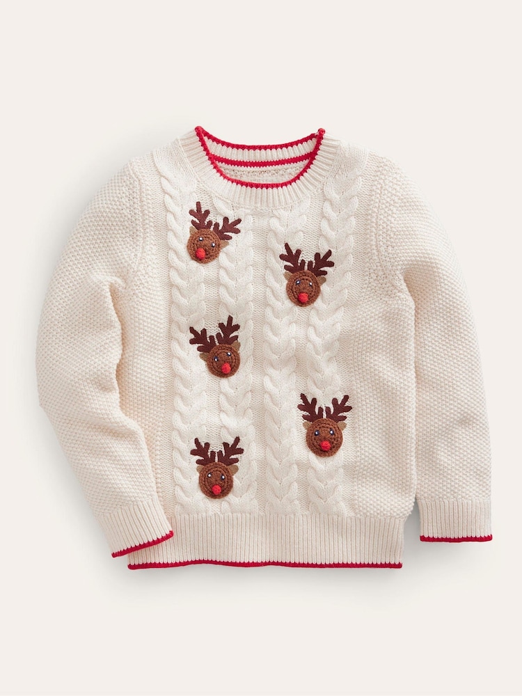 Boden Cream Rudolph Pom Pom Christmas Jumper - Image 2 of 4