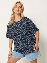 Yours Curve Blue Oversized T-Shirt - Image 1 of 5