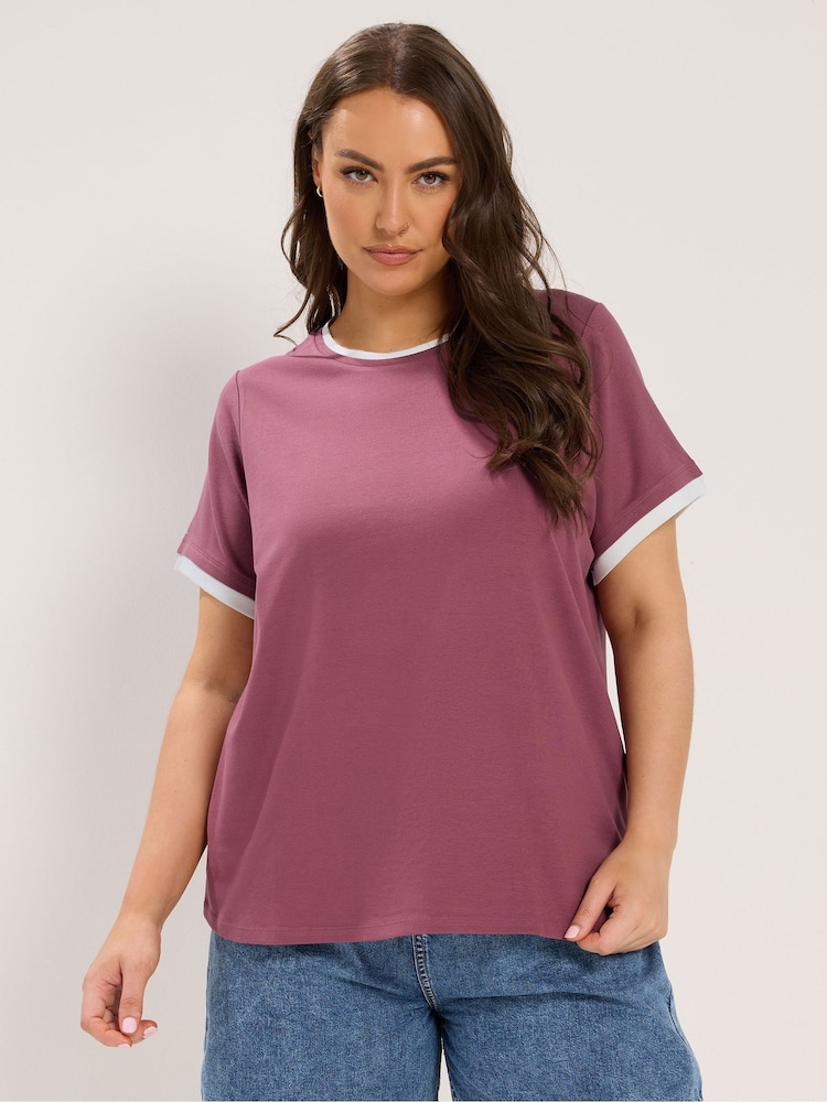 Yours Curve Pink Premium Interlock Ringer T-Shirt - Image 1 of 5