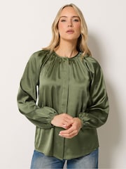 Long Tall Sally Green Button Through Satin Top - Image 1 of 6