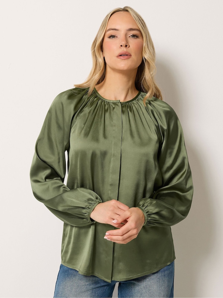 Long Tall Sally Green Button Through Satin Top - Image 1 of 6 Long Tall Sally Green Button Through Satin Top - Image 1 of 6
