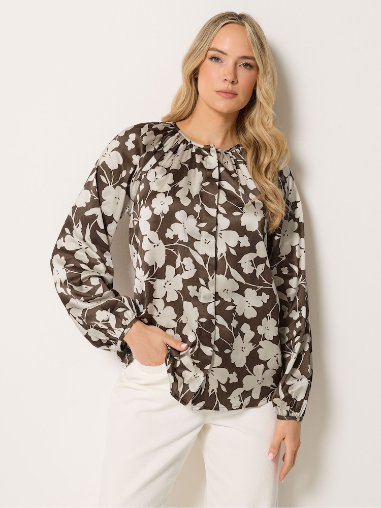 Long Tall Sally Natural Floral Printed Satin Top - Image 1 of 5 Long Tall Sally Natural Floral Printed Satin Top - Image 1 of 5