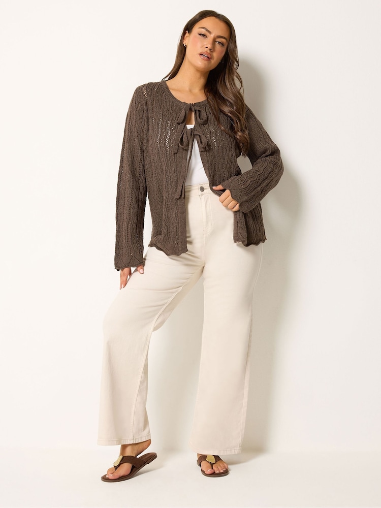 Yours Curve Brown Tie Front Crochet Cardigan - Image 2 of 5
