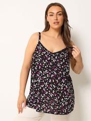 Yours Curve Black Floral Trim Vest Top - Image 1 of 5