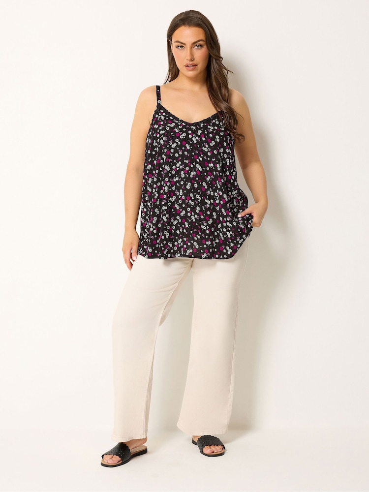 Yours Curve Black Floral Trim Vest Top - Image 2 of 5 Yours Curve Black Floral Trim Vest Top - Image 2 of 5