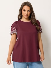 Yours Curve Red Embroidered Sleeve T-Shirt - Image 1 of 5