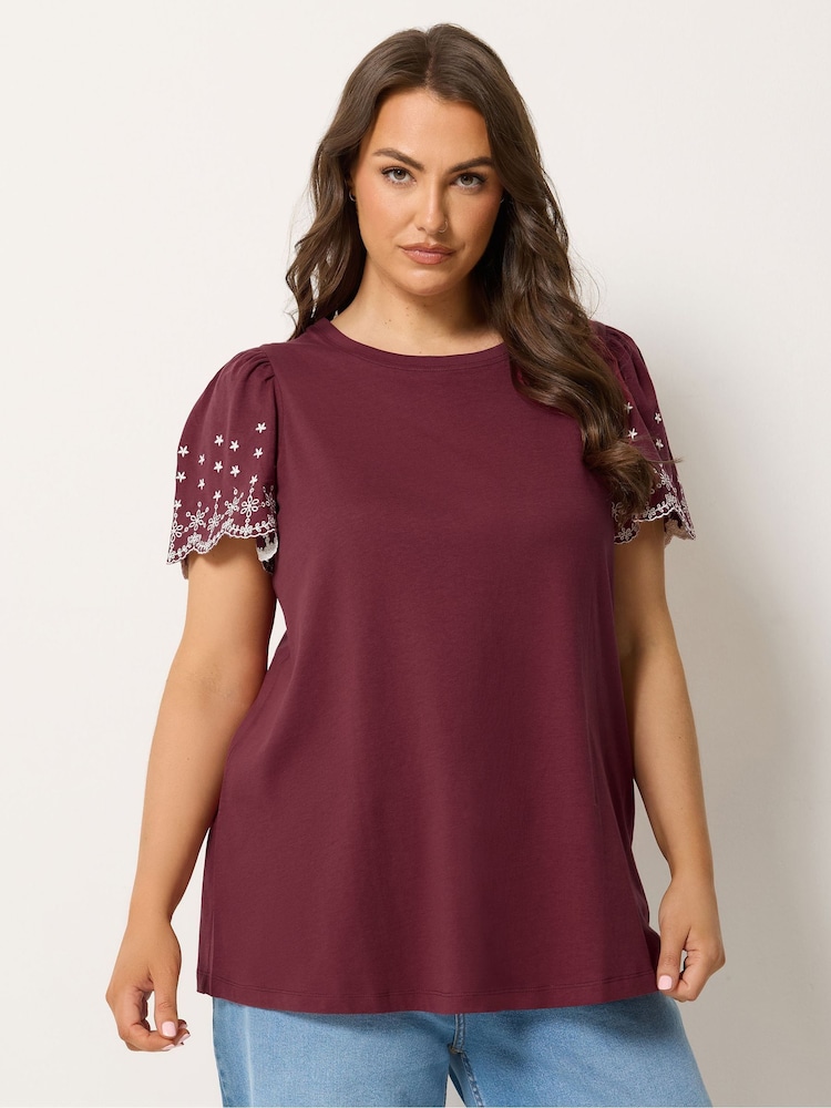 Yours Curve Red Embroidered Sleeve T-Shirt - Image 1 of 5