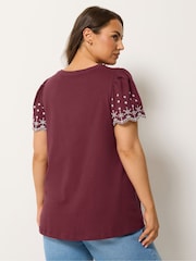 Yours Curve Red Embroidered Sleeve T-Shirt - Image 3 of 5