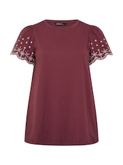 Yours Curve Red Embroidered Sleeve T-Shirt - Image 5 of 5