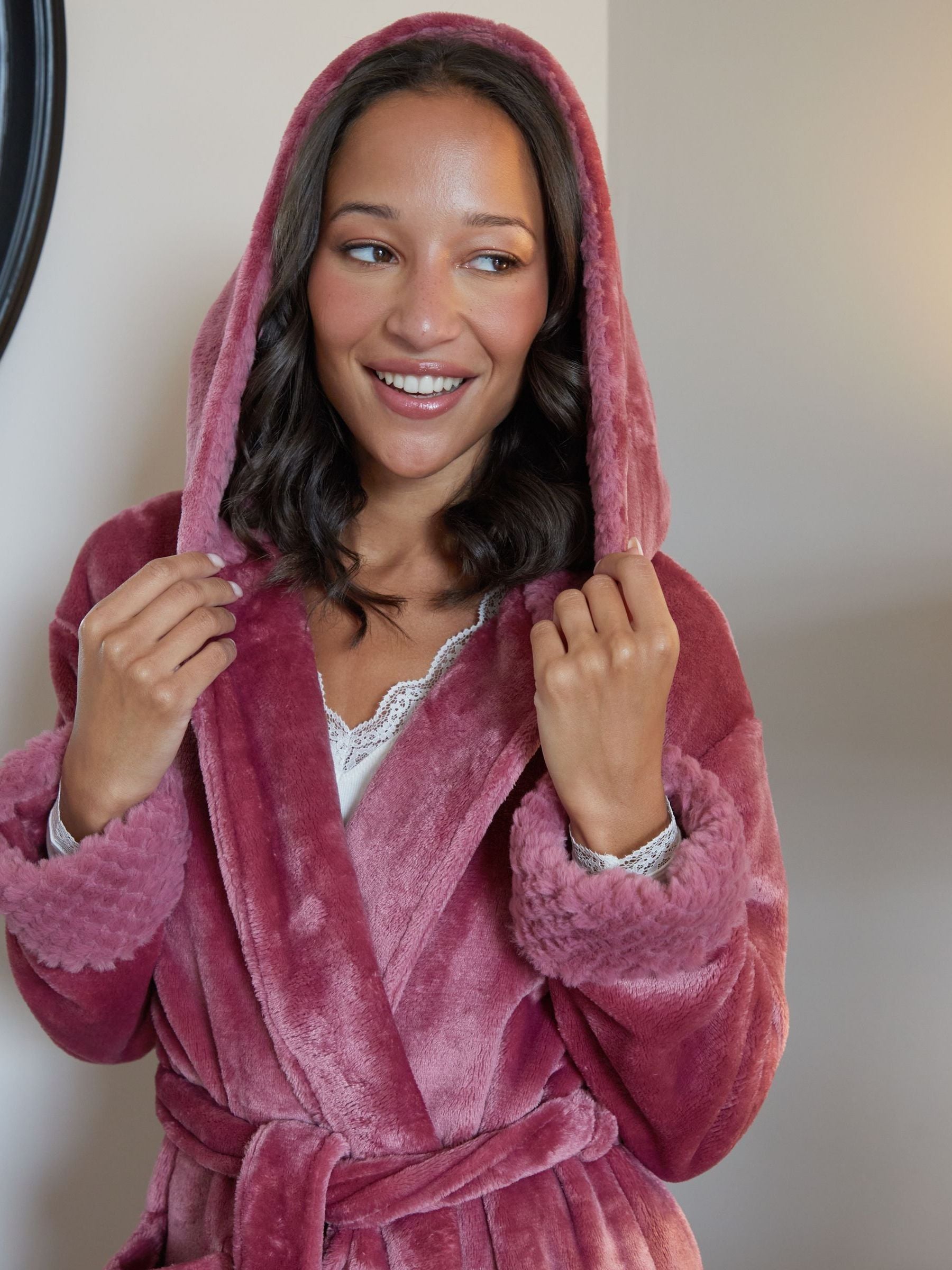 Silk dressing gown with fur trim on sale