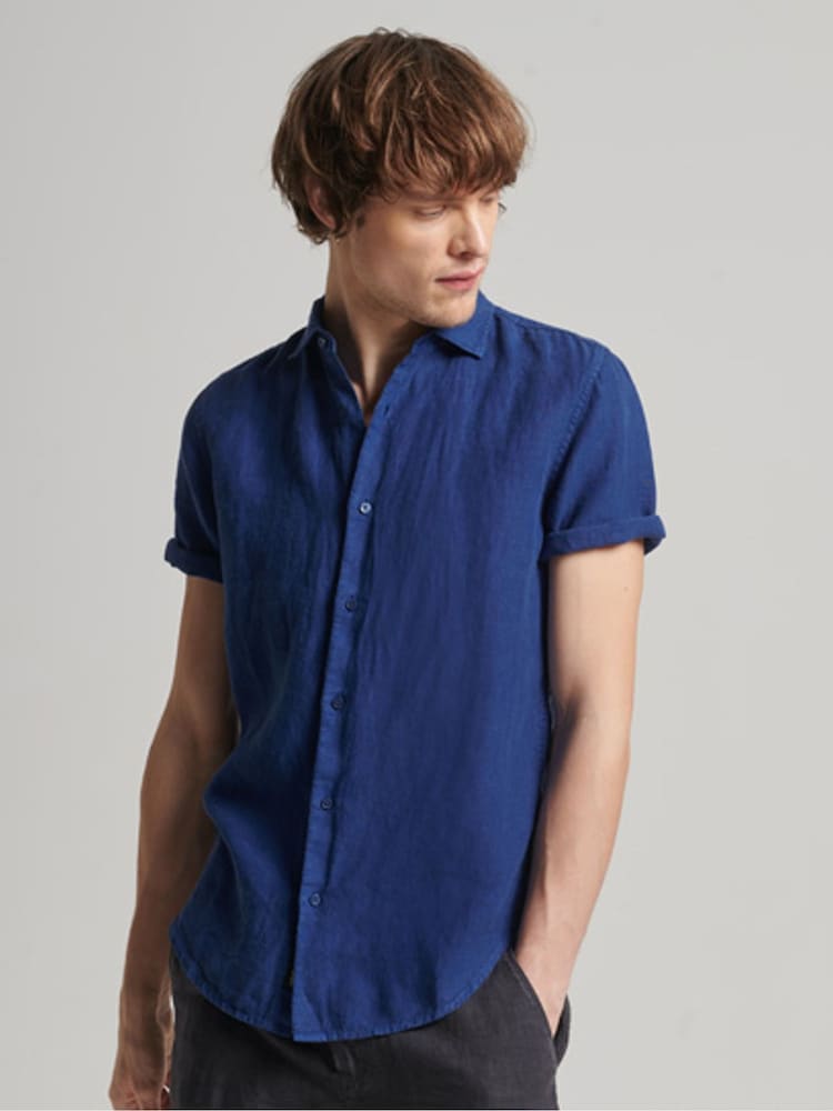 Superdry Dark Blue Studios Casual Linen Short Sleeve Shirt - Image 1 of 5