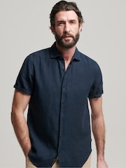 Superdry Mid Blue Studios Casual 100% Linen Short Sleeve Shirt - Image 1 of 13